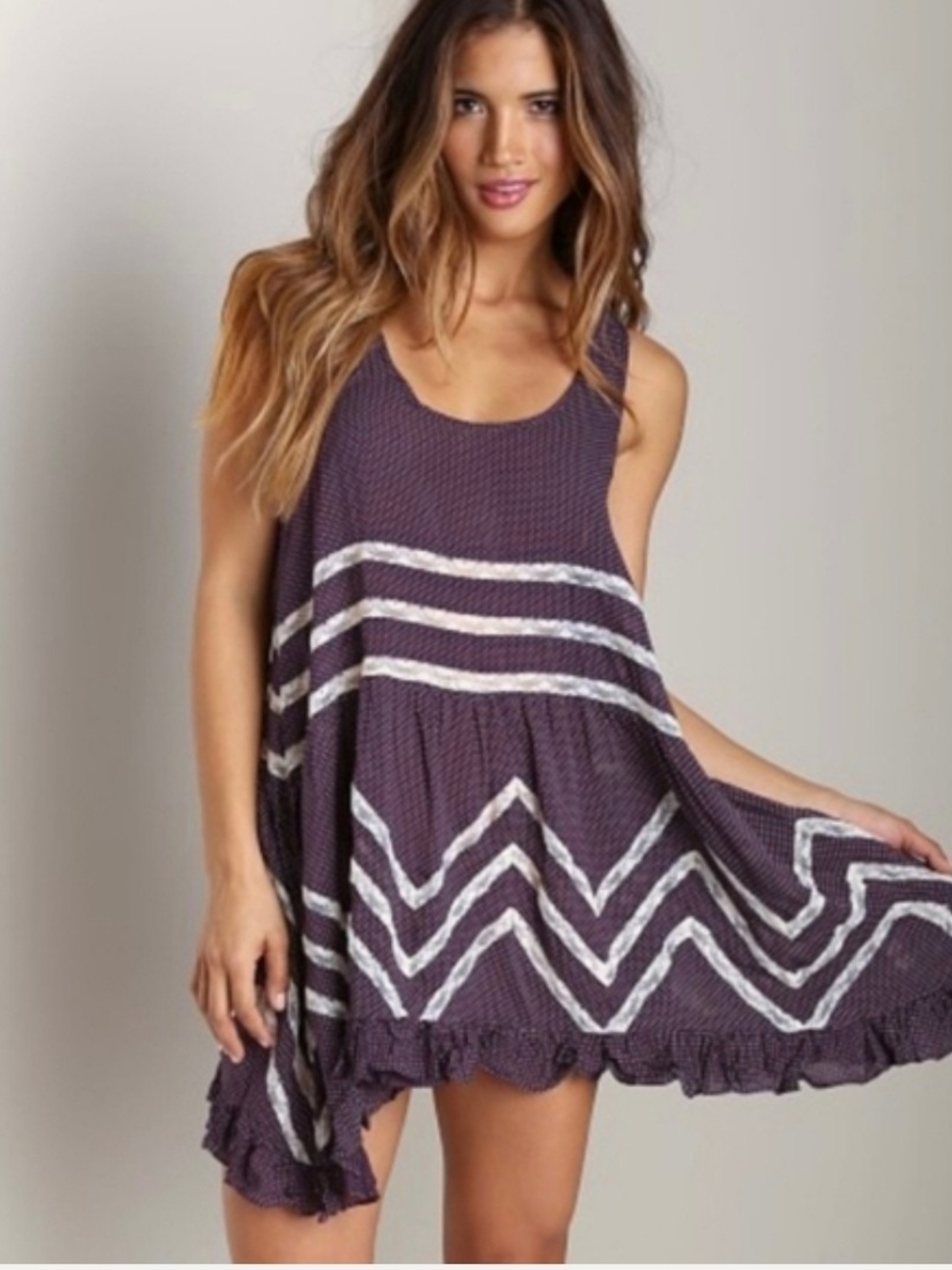 Free People Voile & Lace Tiny Dot Ruffled Swing Mini Slip Dress **READ DAMAGE**